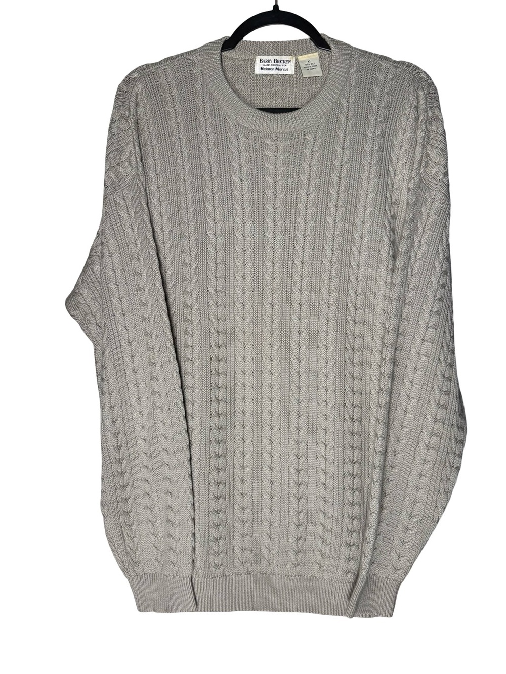 Barry Bricken Neiman Marcus Silk Sweater XL Cable Knit Gray Crewneck Grandpa VTG